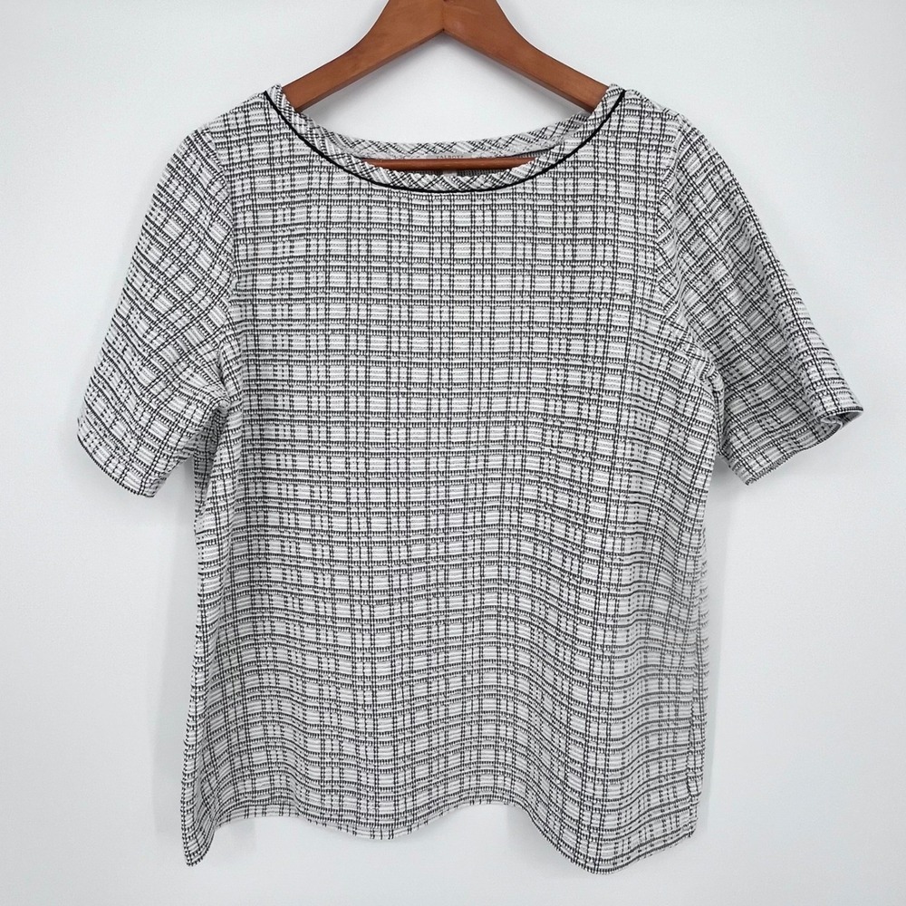 Talbots Knit Top Womens 1X White Black Grid Short Sleeve Textured Minimalist Mod